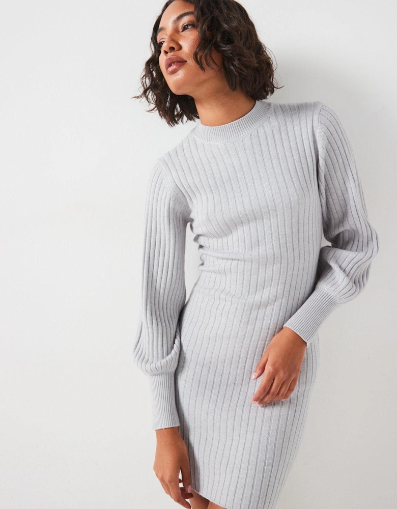 Volume Sleeve Knitted Mini Dress - Grey