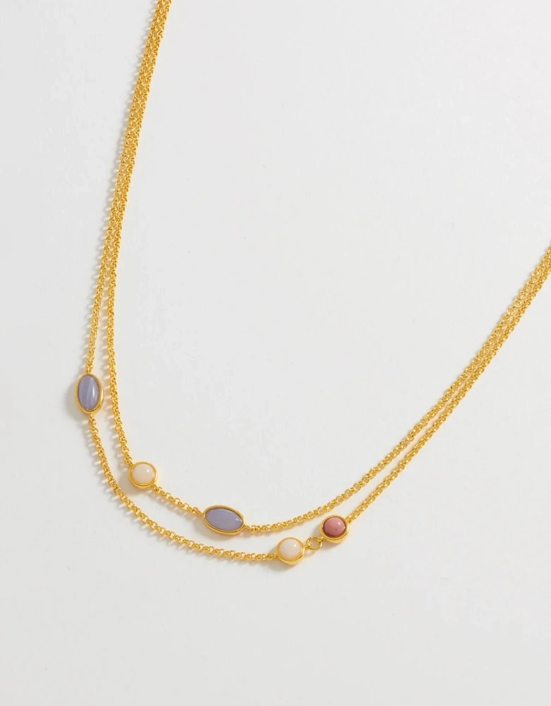 Multi Gemstone Double Chain Necklace Gold Plated