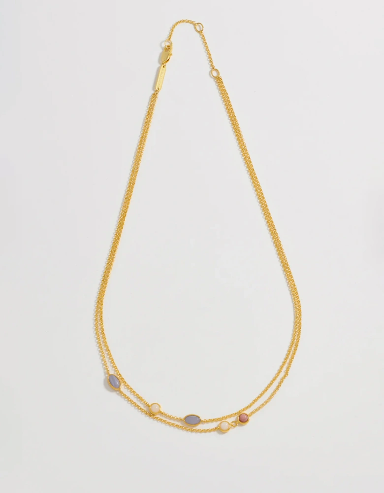 Multi Gemstone Double Chain Necklace Gold Plated