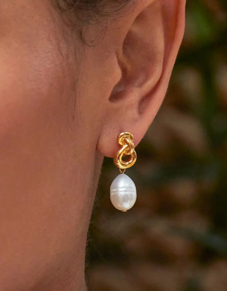 Knot And Pearl Drop Earring Gold Plated