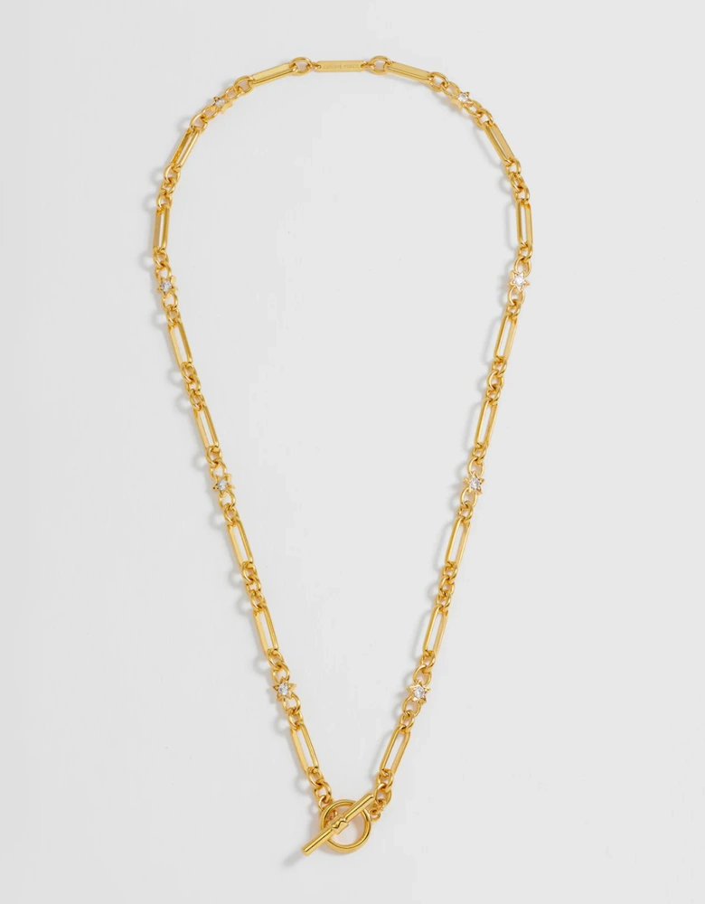 Star Cz Paper Link T-Bar Necklace Gold Plated