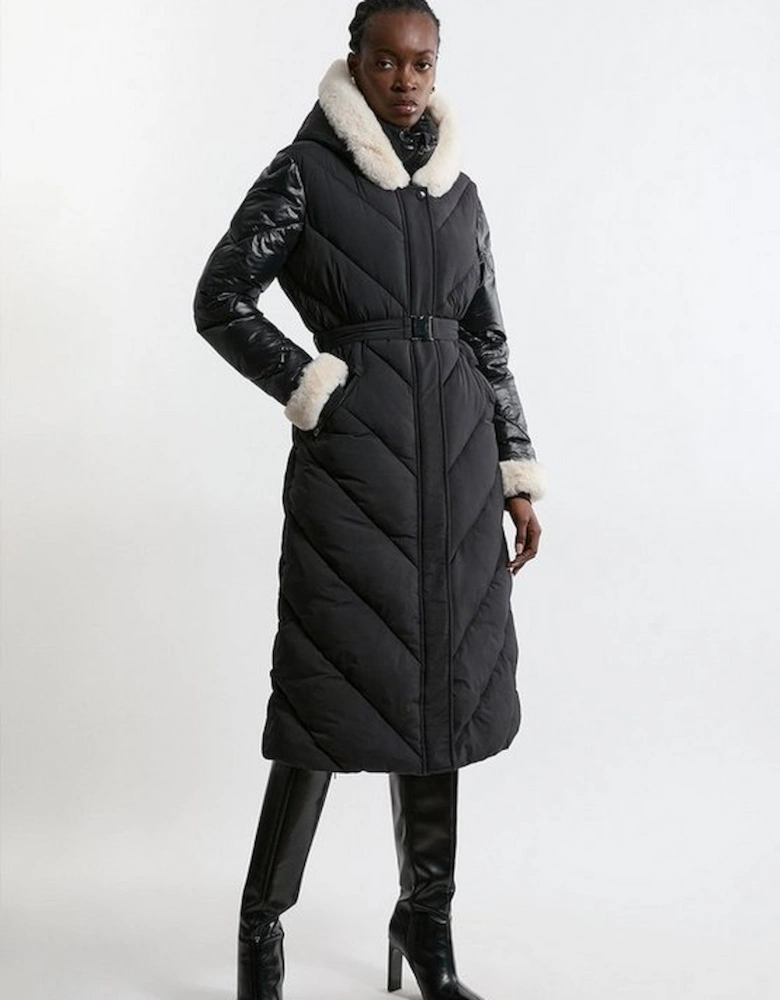 Quilted Hooded Longline Belted Coat