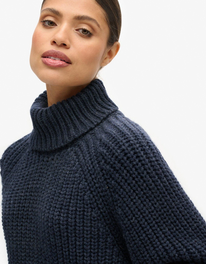 Slouchy Stitch Roll Neck Knit Jumper - Navy