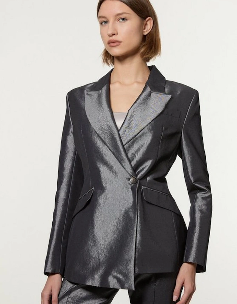 Fluid Tailored Metallic Asymmetric Wrap Blazer