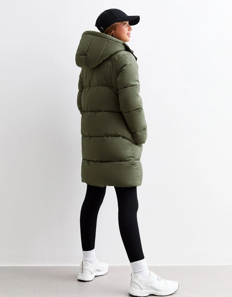 Girls Khaki Padded Hooded Midi Coat