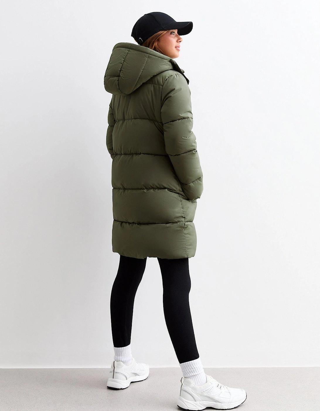 Girls Khaki Padded Hooded Midi Coat