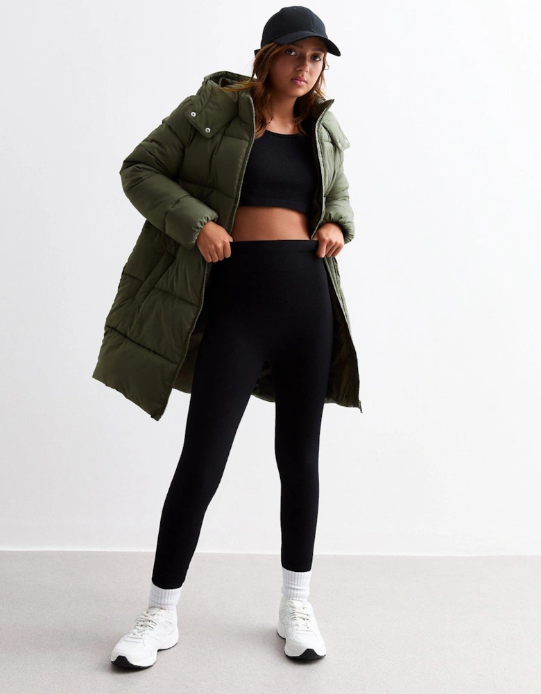 Girls Khaki Padded Hooded Midi Coat