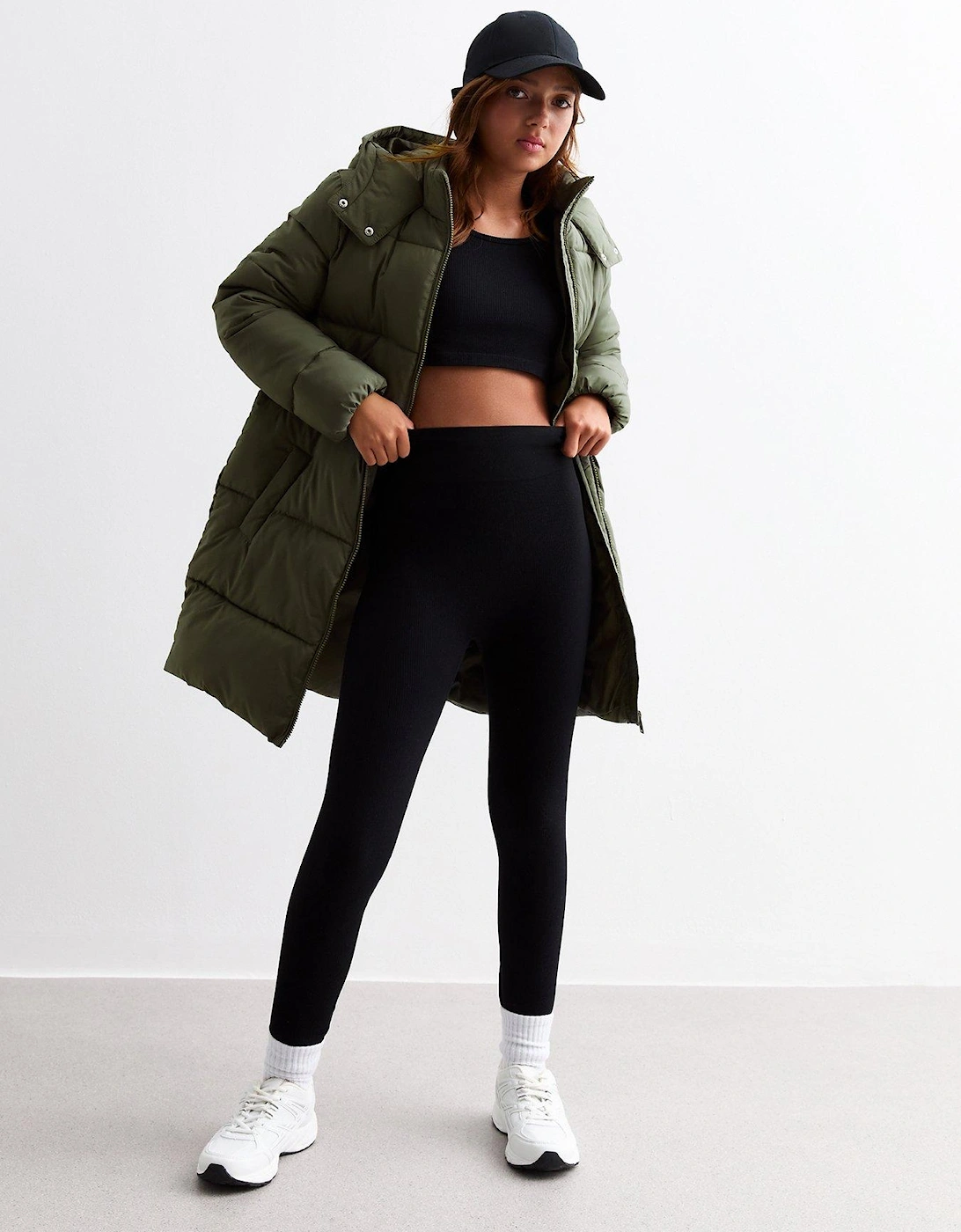 Girls Khaki Padded Hooded Midi Coat