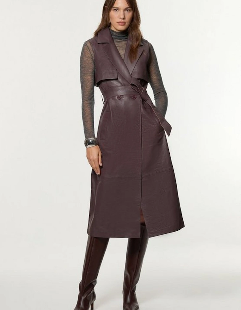 Leather Sleeveless Belted Storm Flap Detail Trench Coat