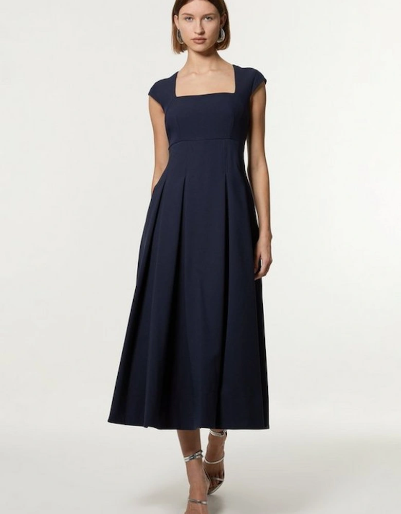 Petite Clean Tailored Square Neck Full Skirted Midi Dress