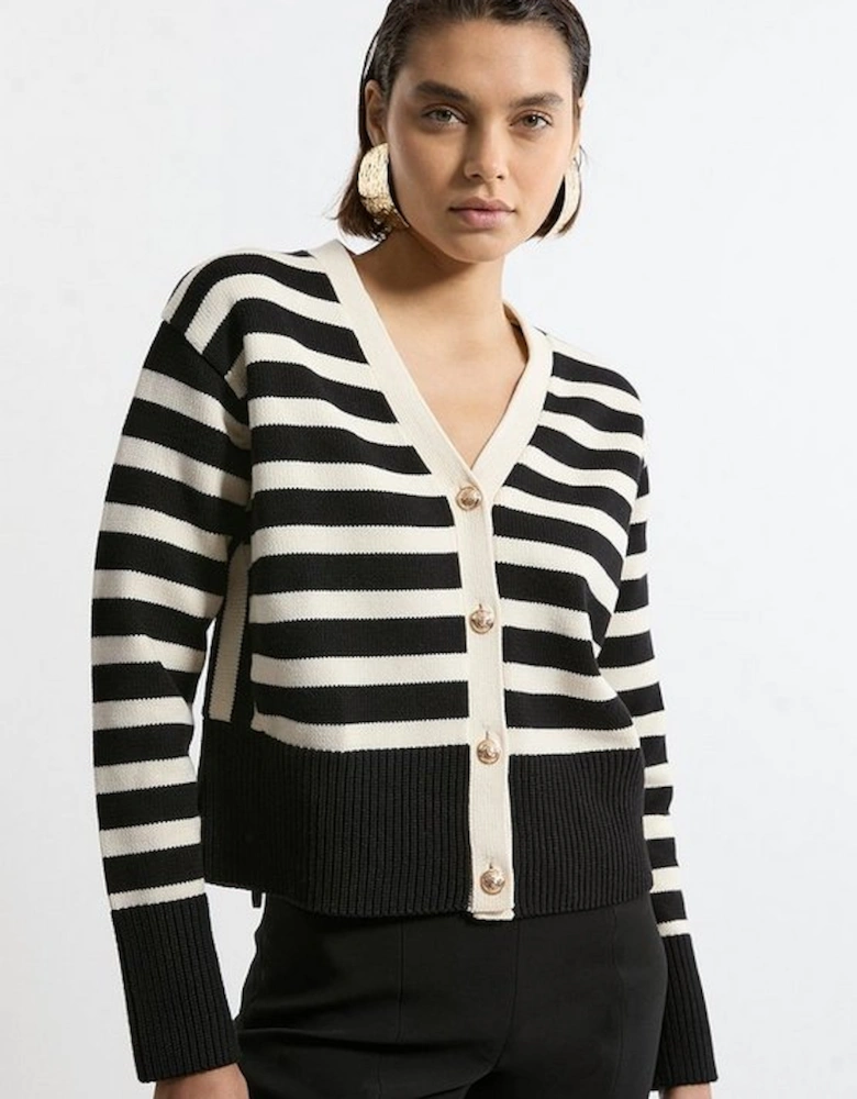 Cotton V Neck Knit Boxy Striped Cardigan