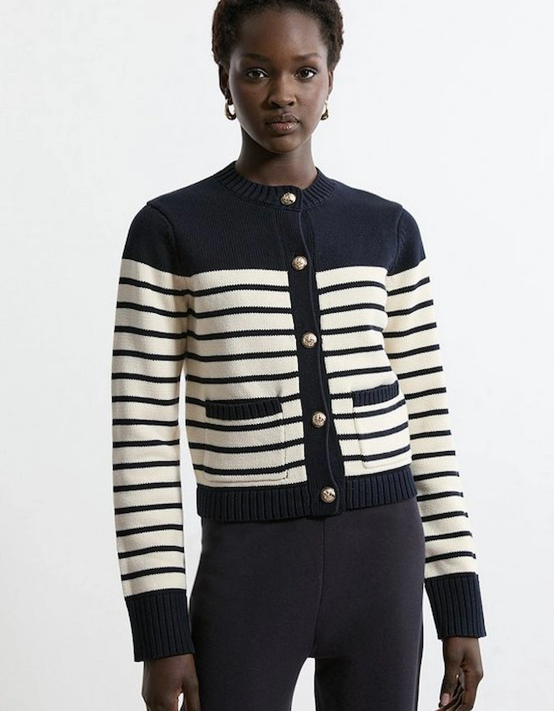 Cotton Cropped Knit Boxy Striped Cardigan, 5 of 4