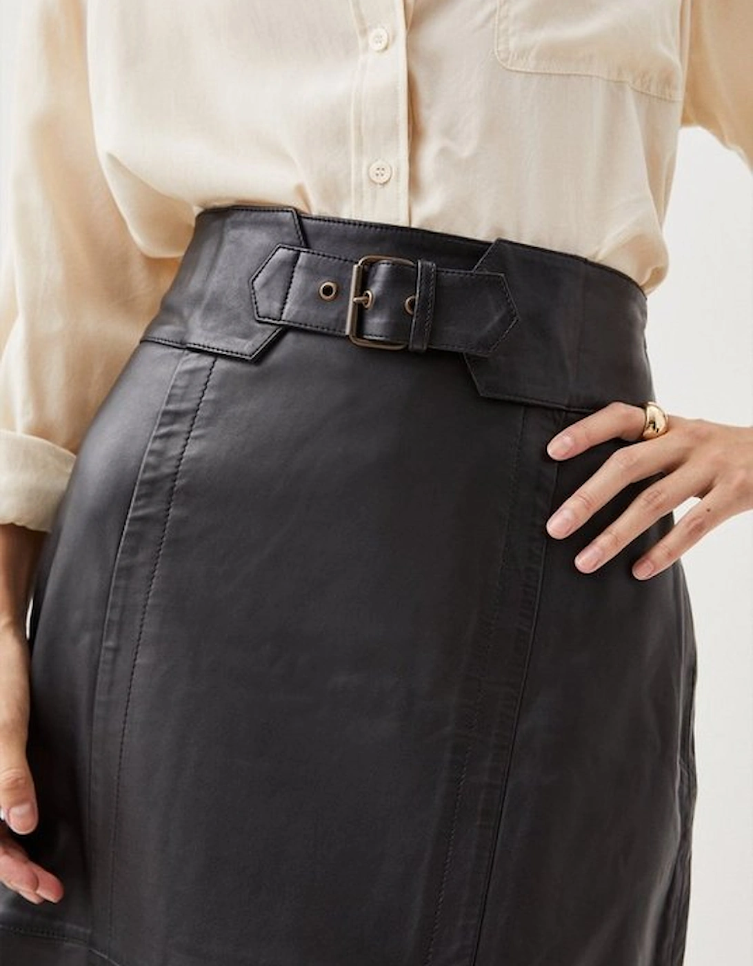 Leather Buckle Waist Detail Pencil Midi Skirt