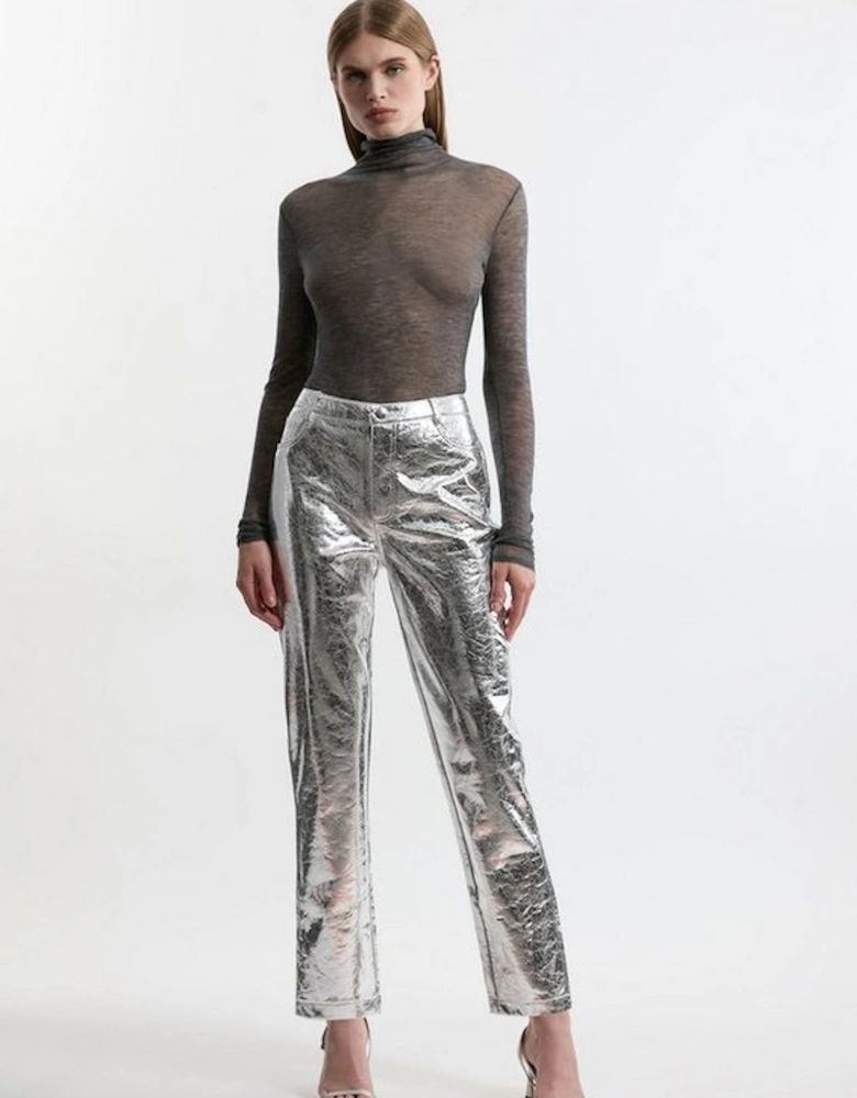 Metallic Faux Leather Straight Trousers