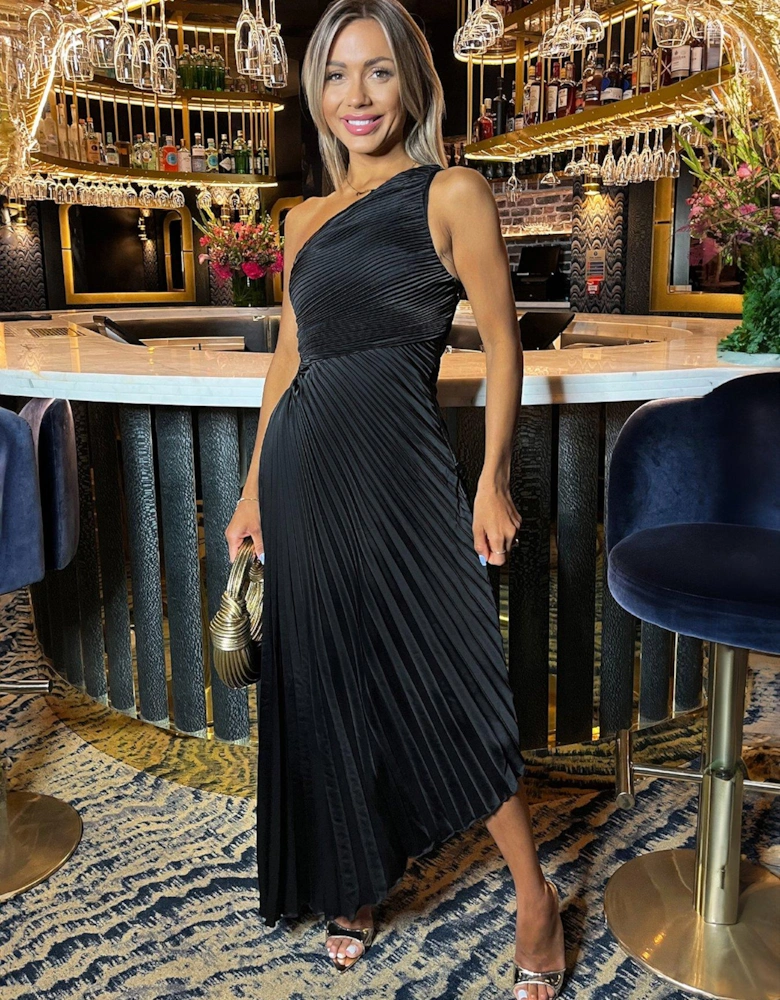 One Shoulder Pleated Satin Midi Dress - Black