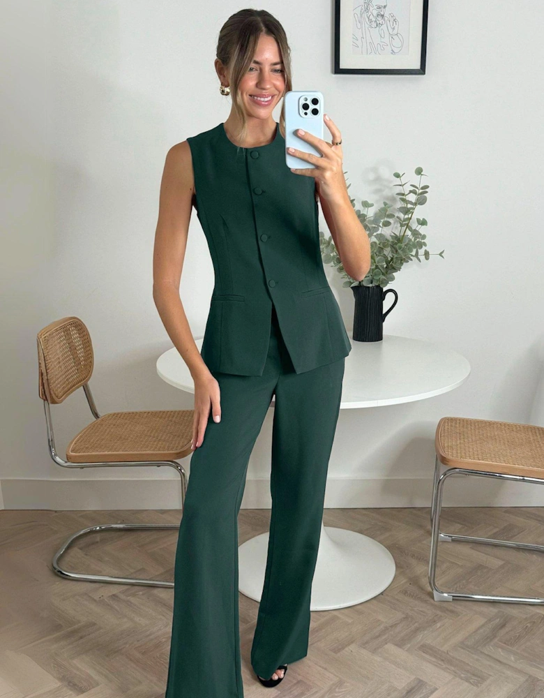 Round Neck Longline Waistcoat - Forest - Green