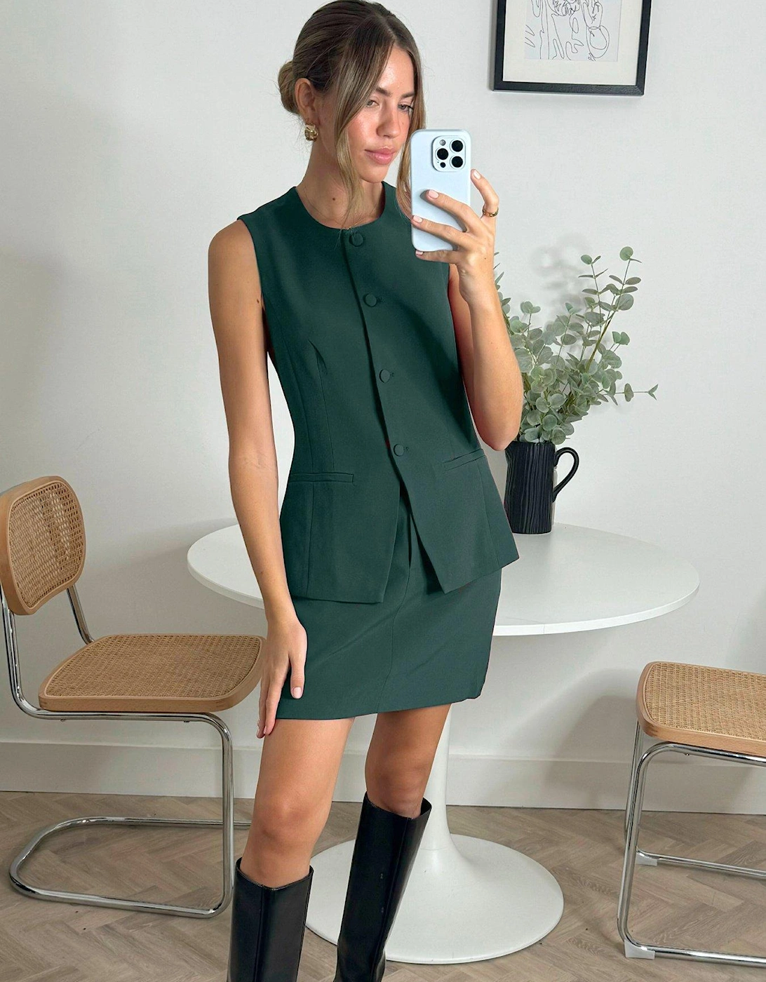 Round Neck Longline Waistcoat - Forest - Green