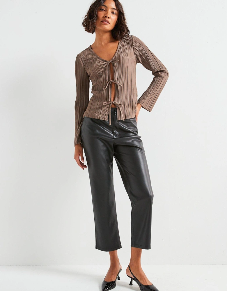 Long Sleeve Tie Pleat Top - Brown