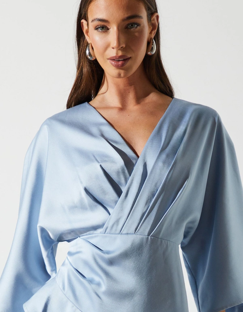 Satin Back Crepe Ruffle Wrap Midi Dress