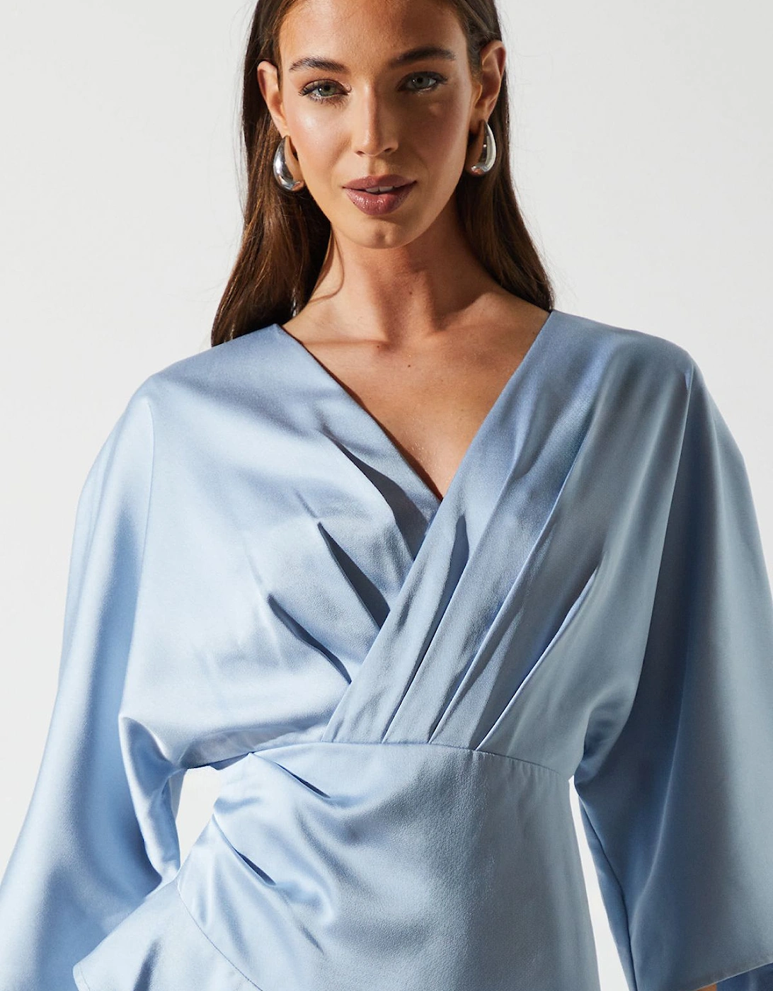 Satin Back Crepe Ruffle Wrap Midi Dress