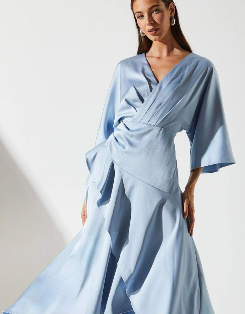 Satin Back Crepe Ruffle Wrap Midi Dress