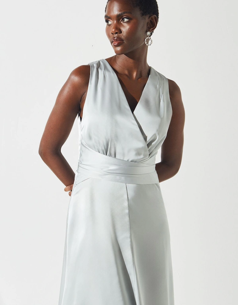 Sleeveless Wrap From Satin Midi Dress