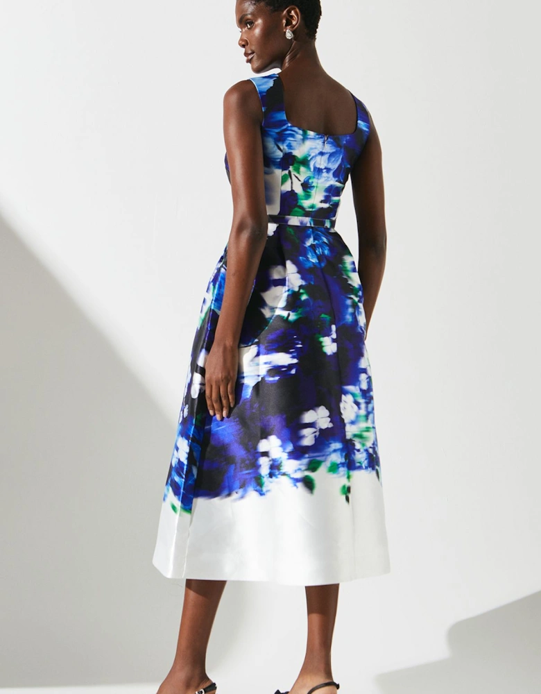 Blue Floral White Tipped Twill Belted Dress