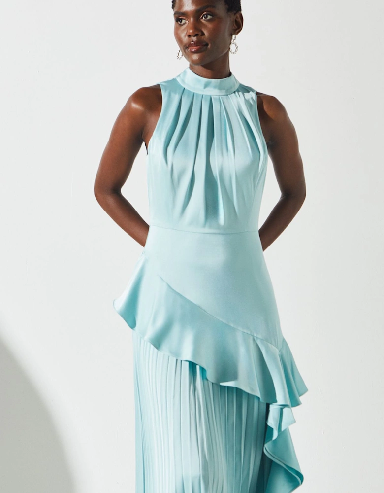 Sleeveless Ruffle Pleat Satin Back Crepe Dress