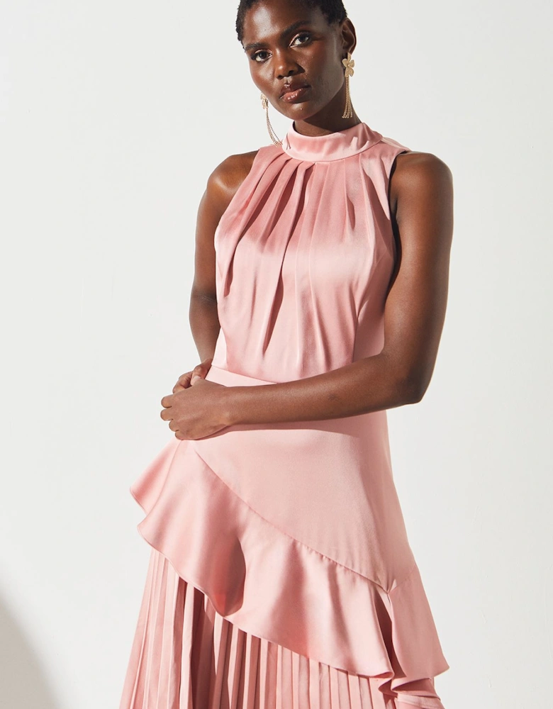 Sleeveless Ruffle Pleat Satin Back Crepe Dress