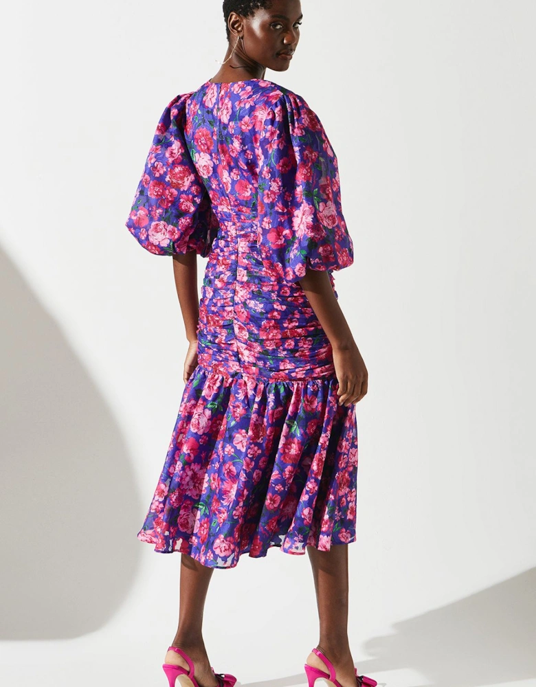 Chiffon Printed Jacquard Gathered Puff Sleeve Dress