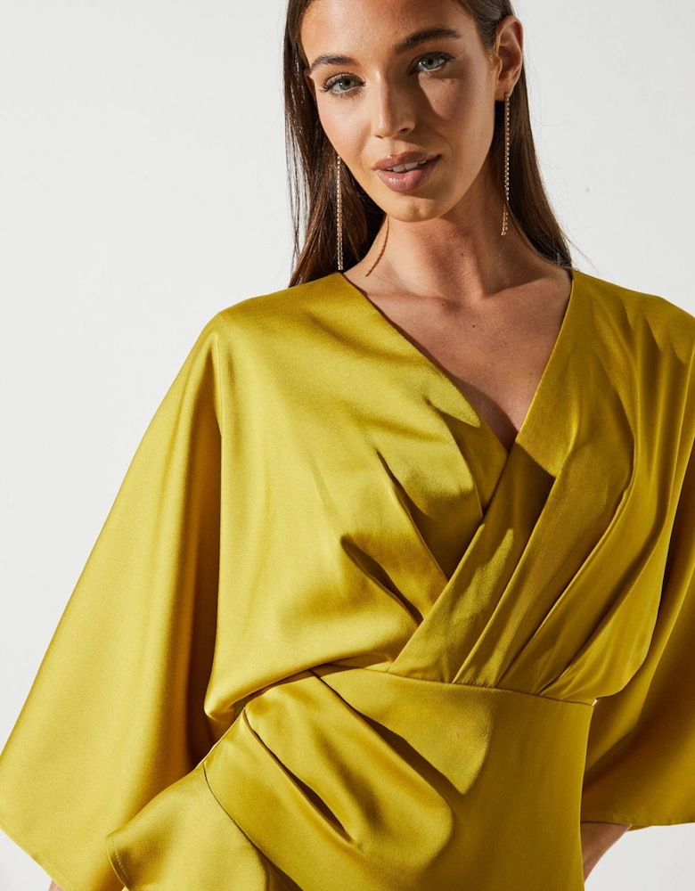 Satin Back Crepe Ruffle Wrap Midi Dress