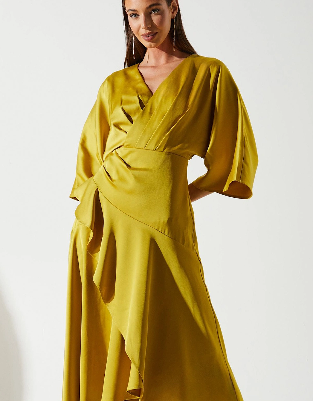 Satin Back Crepe Ruffle Wrap Midi Dress