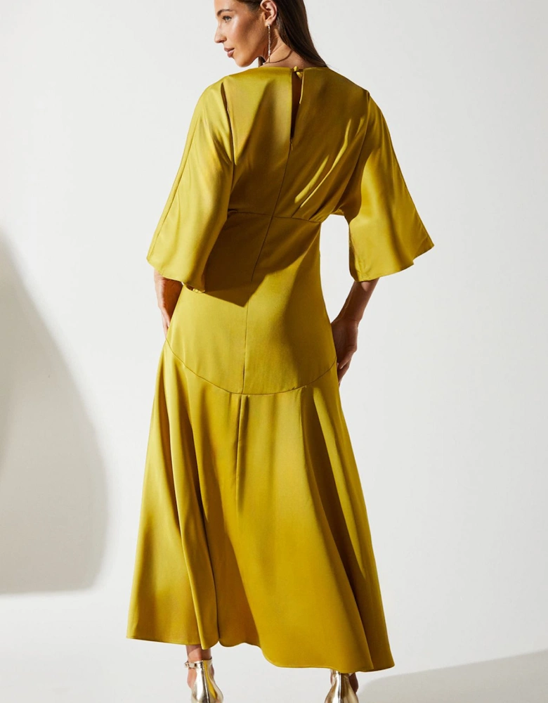 Satin Back Crepe Ruffle Wrap Midi Dress