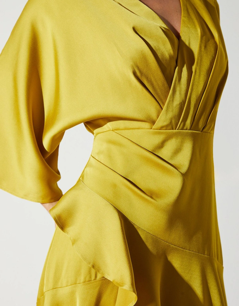 Satin Back Crepe Ruffle Wrap Midi Dress