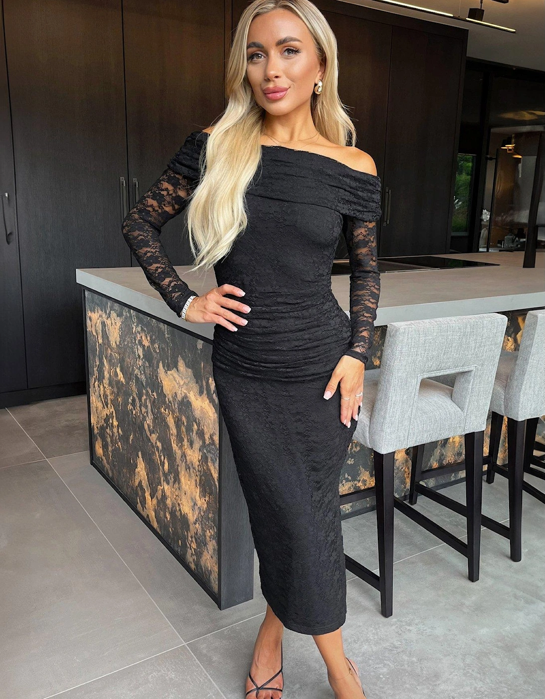 Lace Bardot Fold Over Top Long Sleeve Ruched Bodycon Midi Dress - Black