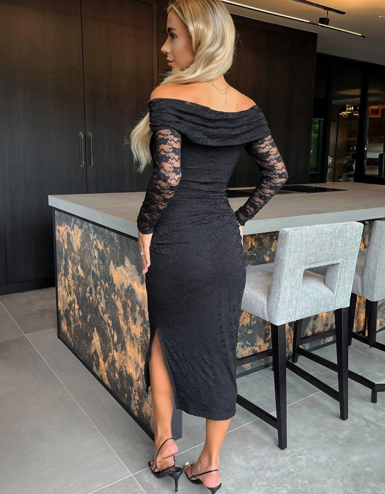 Lace Bardot Fold Over Top Long Sleeve Ruched Bodycon Midi Dress - Black