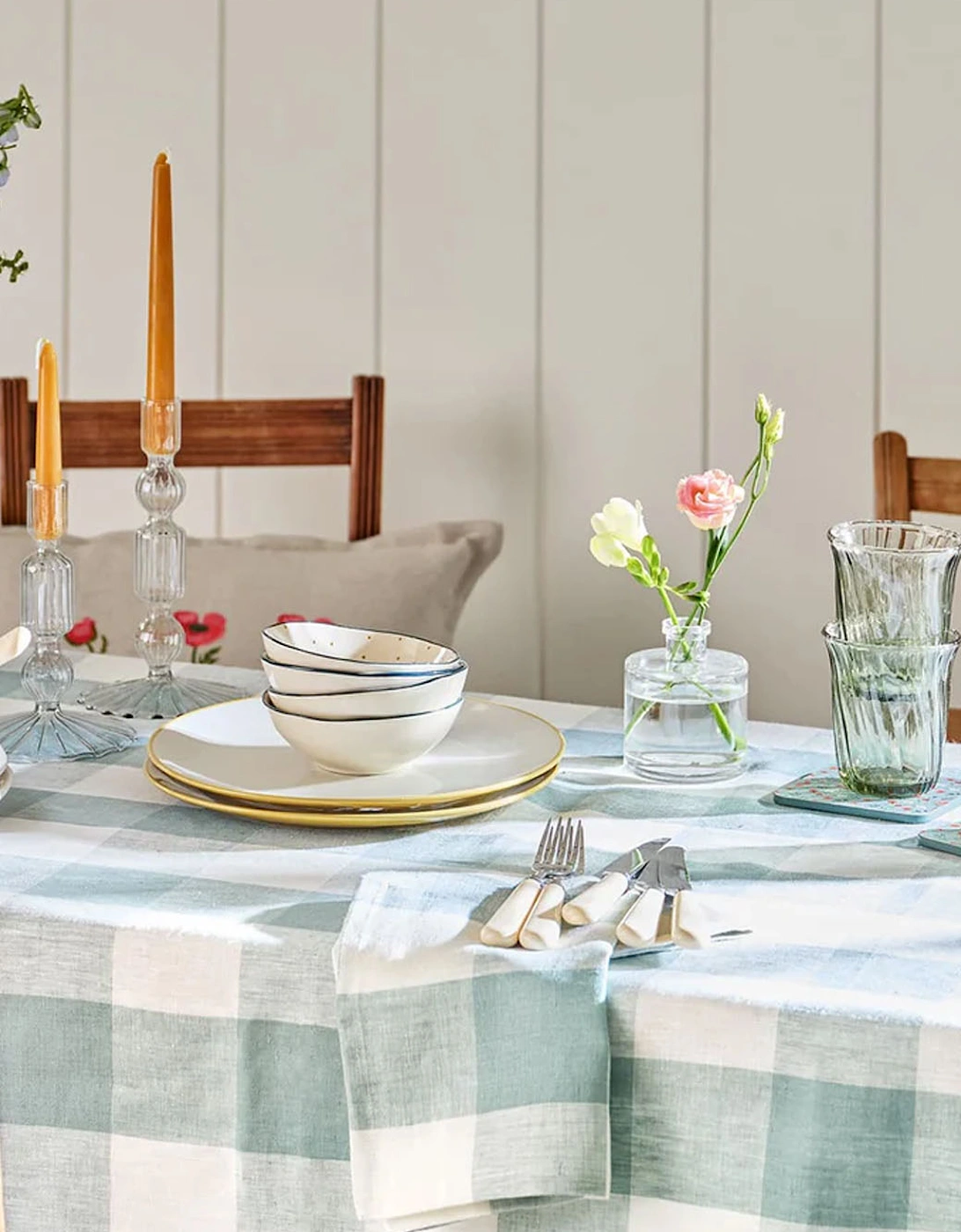 Teal Gingham Linen Tablecloth