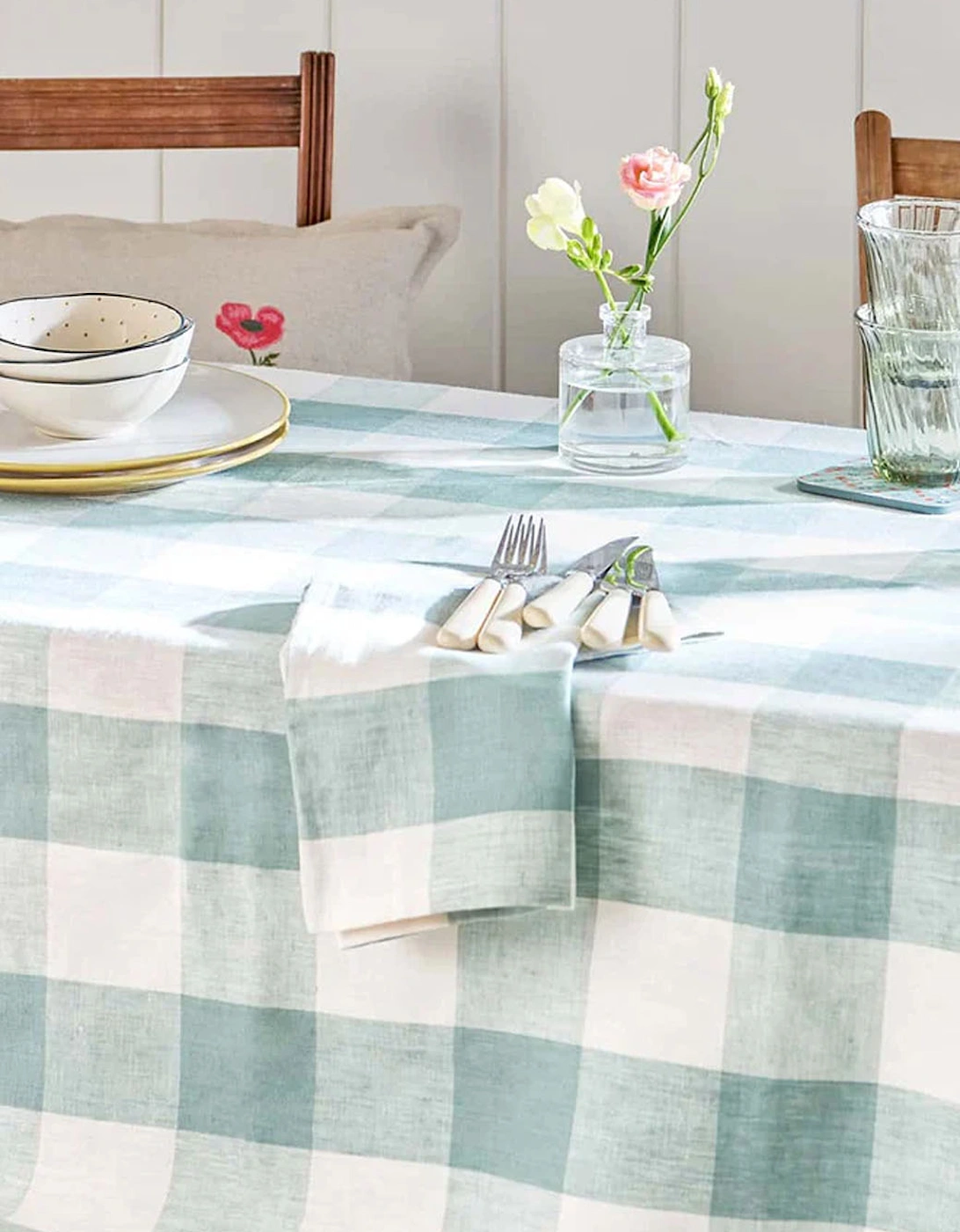 Teal Gingham Linen Tablecloth