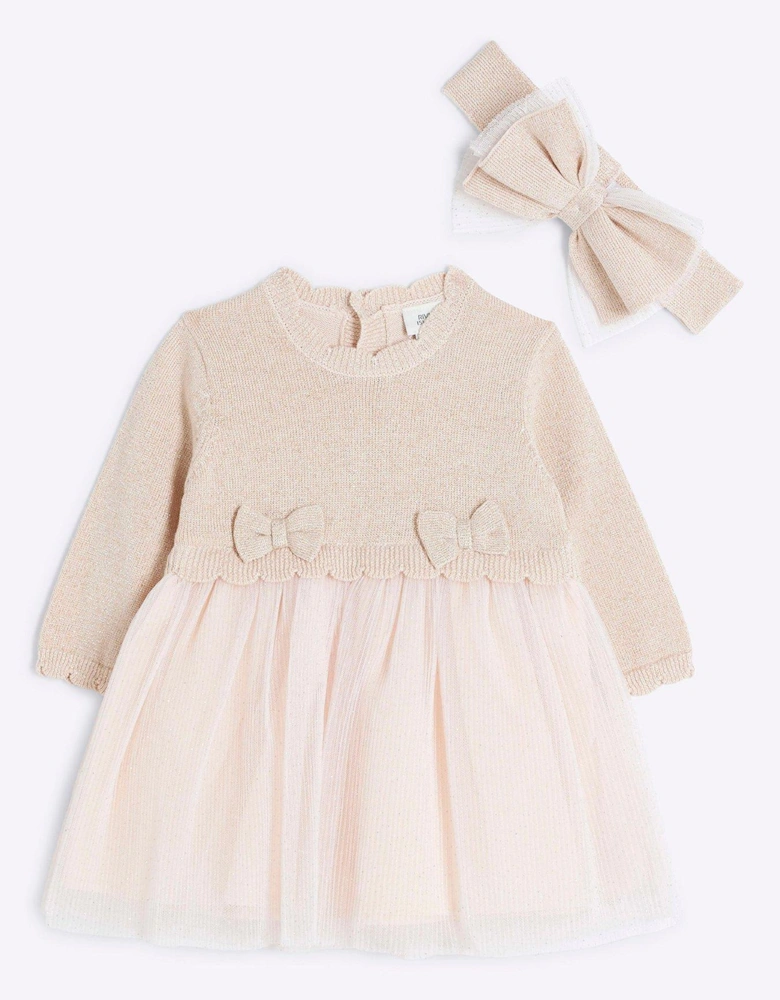 Baby Girl Knitted Mesh Dress Set - Pink