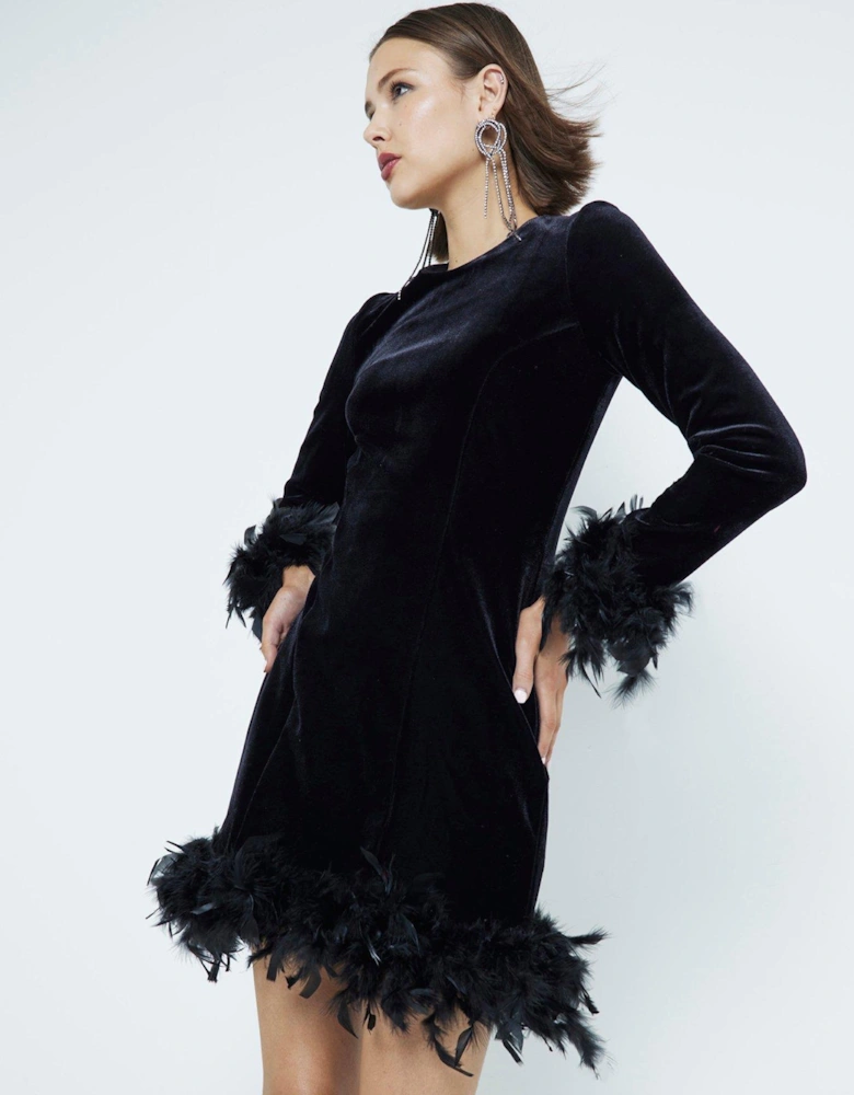Velvet Feather Hem Dress - Black