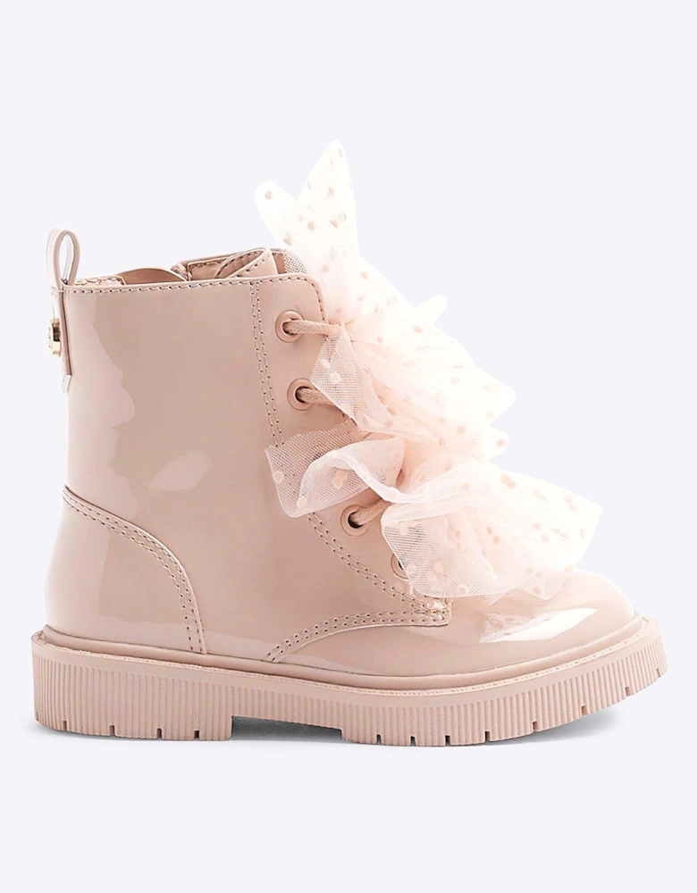 Girl Patent Organza Lace Up Boots - Pink