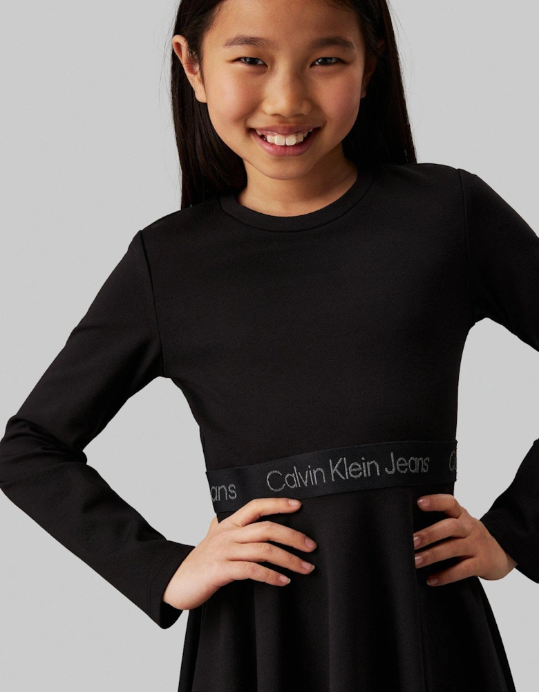 Girls Long Sleeve Logo Tape Punto Dress - Black