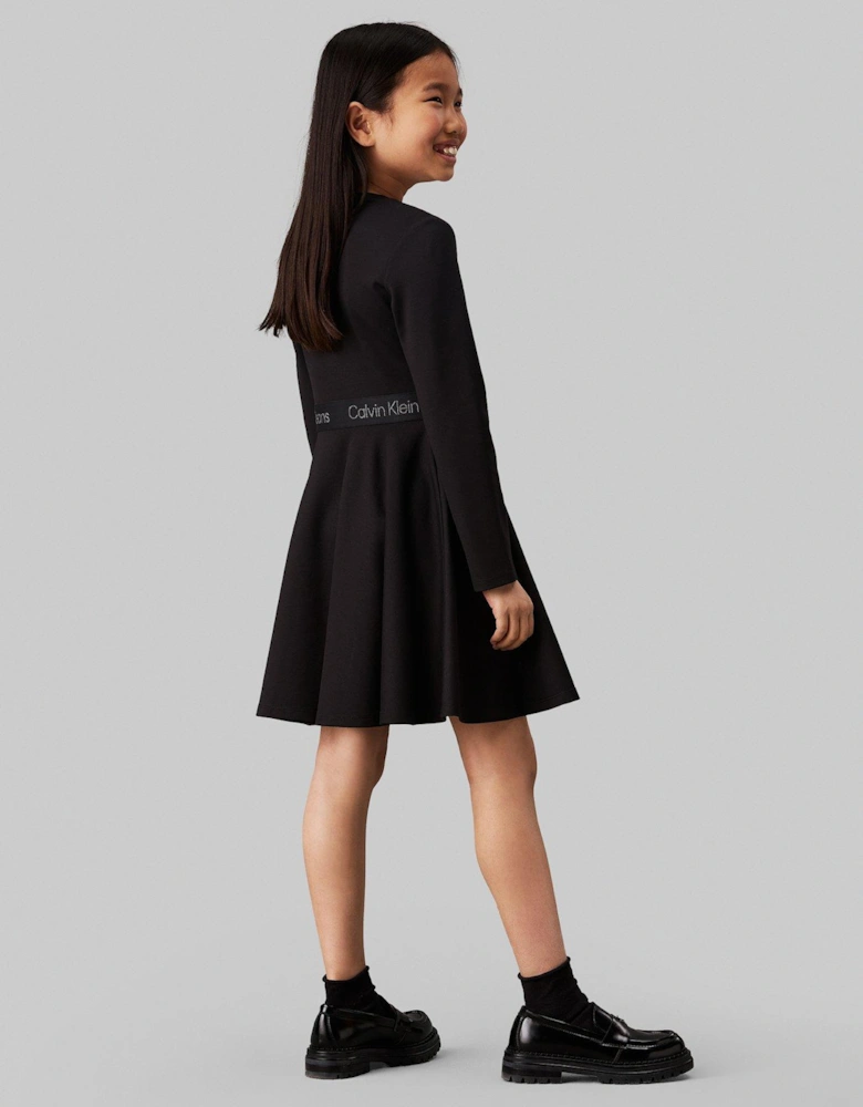 Girls Long Sleeve Logo Tape Punto Dress - Black