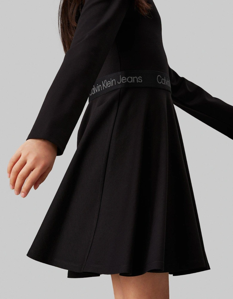 Girls Long Sleeve Logo Tape Punto Dress - Black