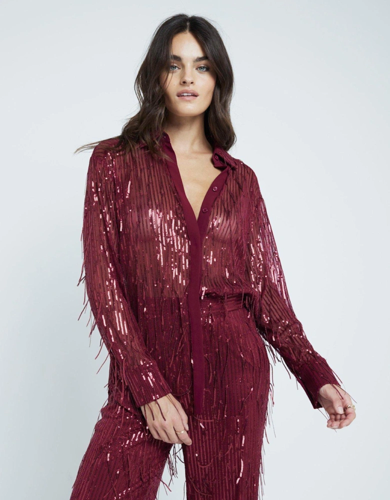 Sequin Fringe Shirt - Dark Red