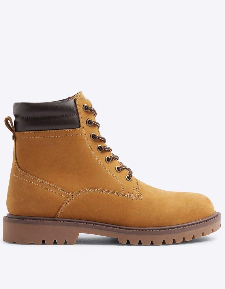 Nubuck Look Padded Collar Lace Up Boots - Light Brown
