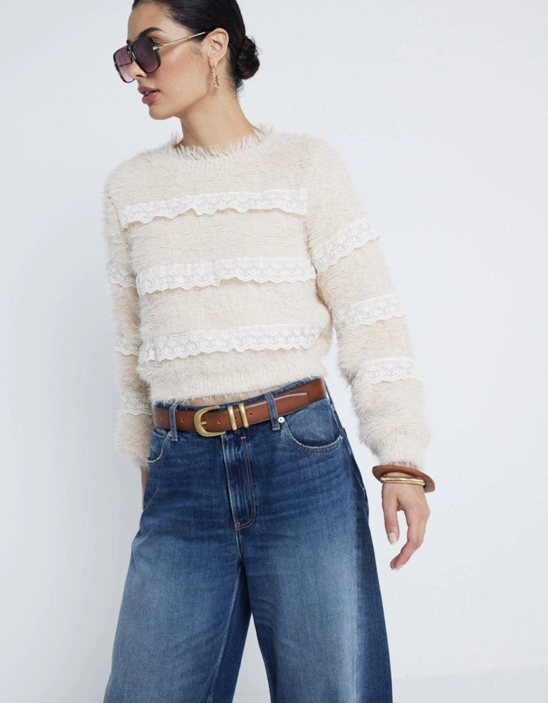 Fluffy Lace Trim Jumper - Light Pink