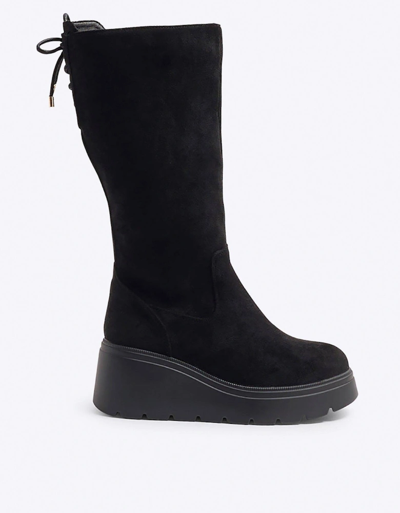 Older Girl Suedette Wedge Knee High Boots - Black