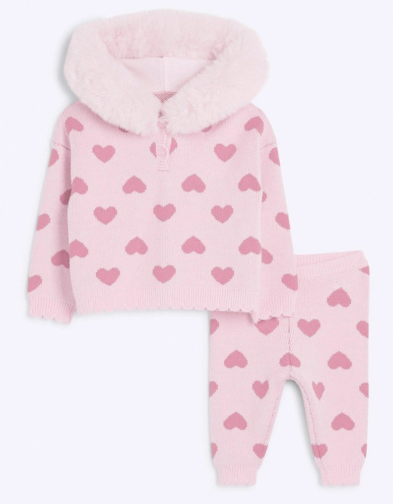 Baby Girl Heart Knit Hooded Poncho Set - Pink