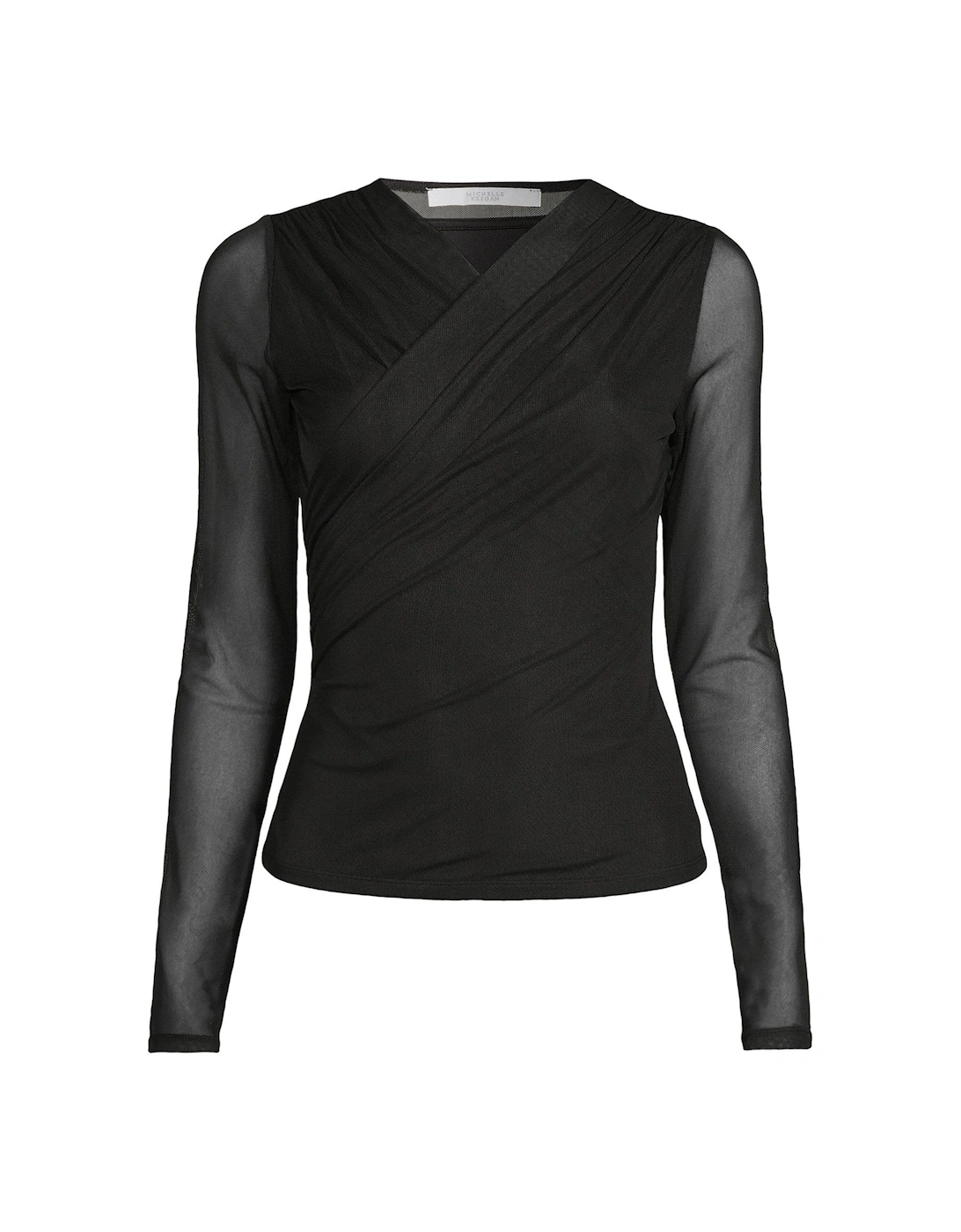 Mesh Long Sleeve Wrap Top - Black